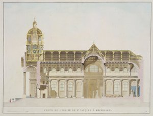 A brüsszeli Szent Jacques-templom keresztmetszete, Pierre Jacques Goetghebuer "Choix des Monuments, Edifices et Maisons les plus remarquables du Royaume des Pays-Bas" című művéből, 1827-ben megjelent (aquat.